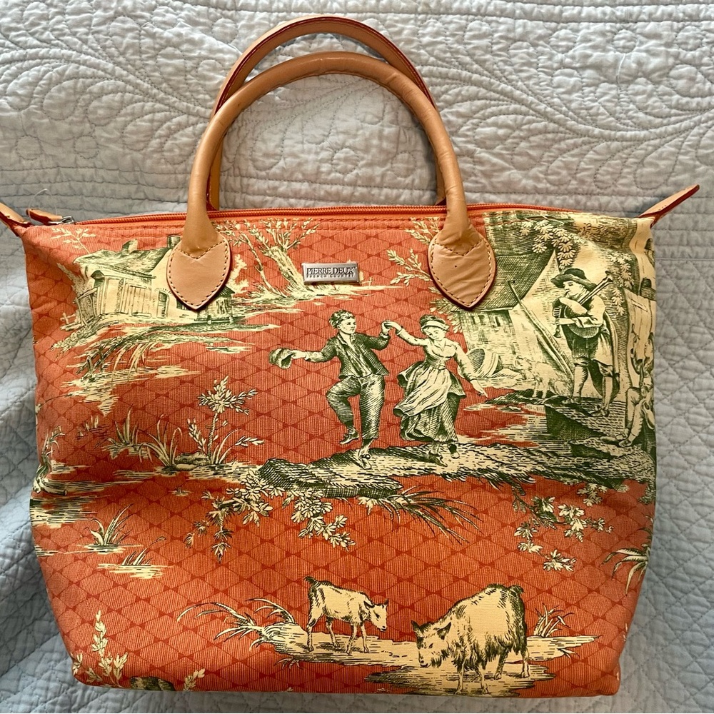 Pierre Deux Orange Toile Print Leather-Trim Tote Purse